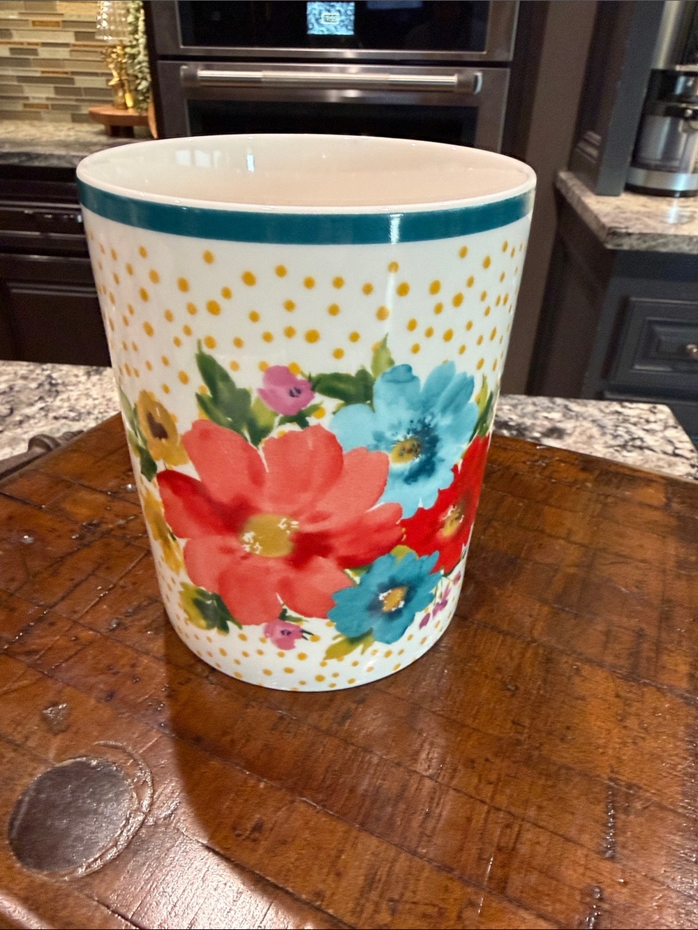 The Pioneer Woman Floral Ceramic Utensil holder with Red & Teal Flowers